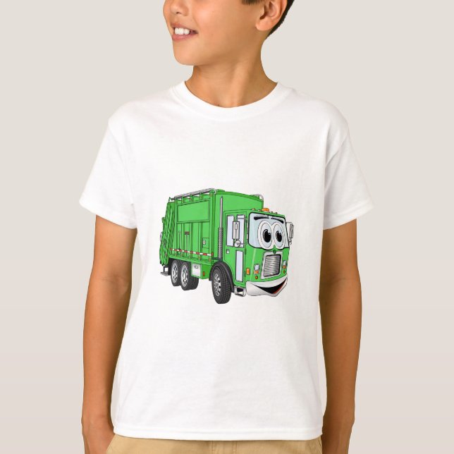 Hellgrüner Lächelnder Müllwagen Cartoon T-Shirt (Vorderseite)