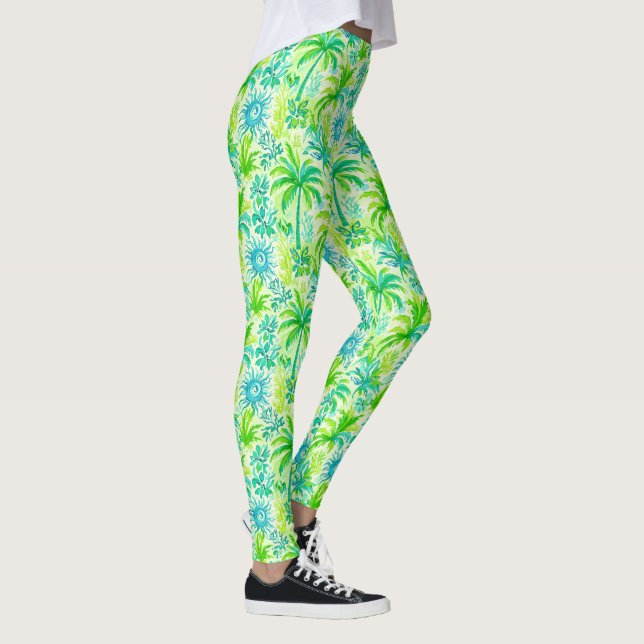 Hellgrüner tropischer Palm und blaue Sun Print Leggings (Rechts)