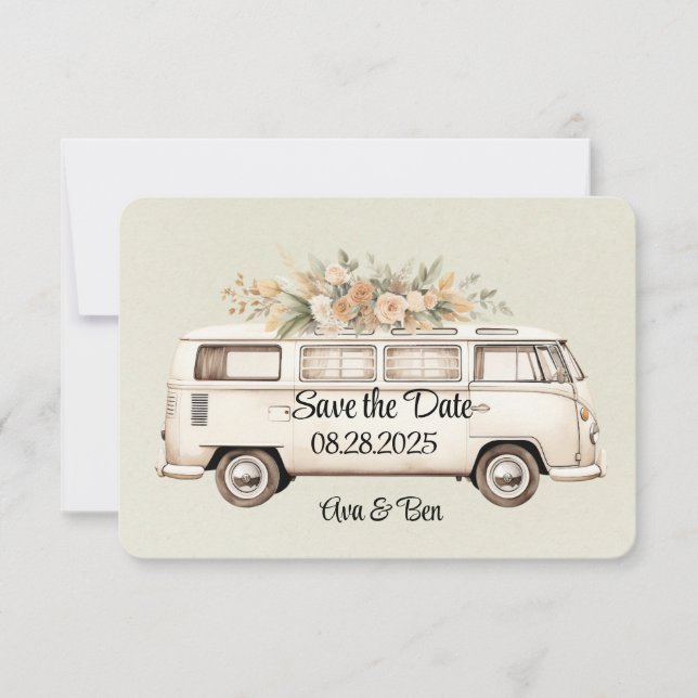 Hellgrüner Vintage-Bus-Hochzeit  Save The Date (Vorderseite)