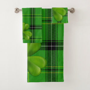Hellgrünes 3-Blatt-Klee auf Kariertem Tartan Badhandtuch Set