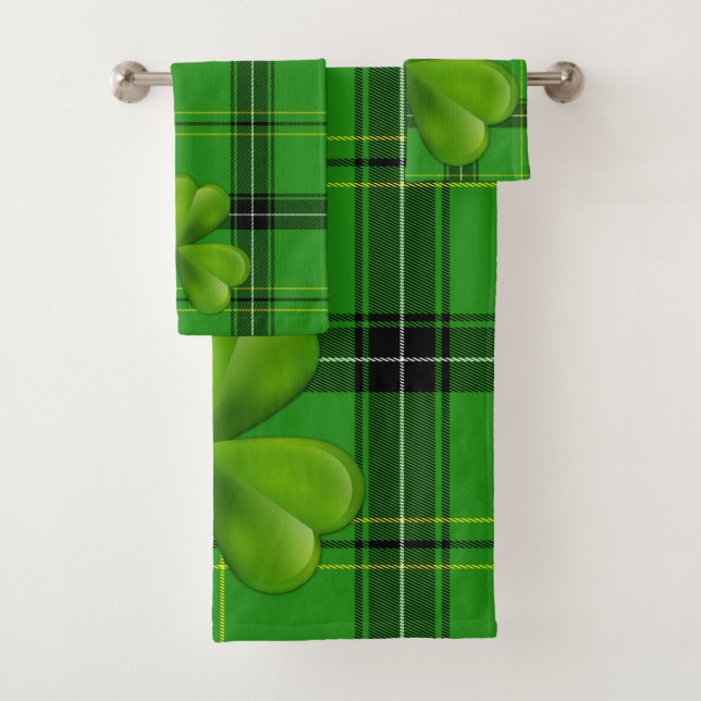 Hellgrünes 3-Blatt-Klee auf Kariertem Tartan Badhandtuch Set (Insitu)
