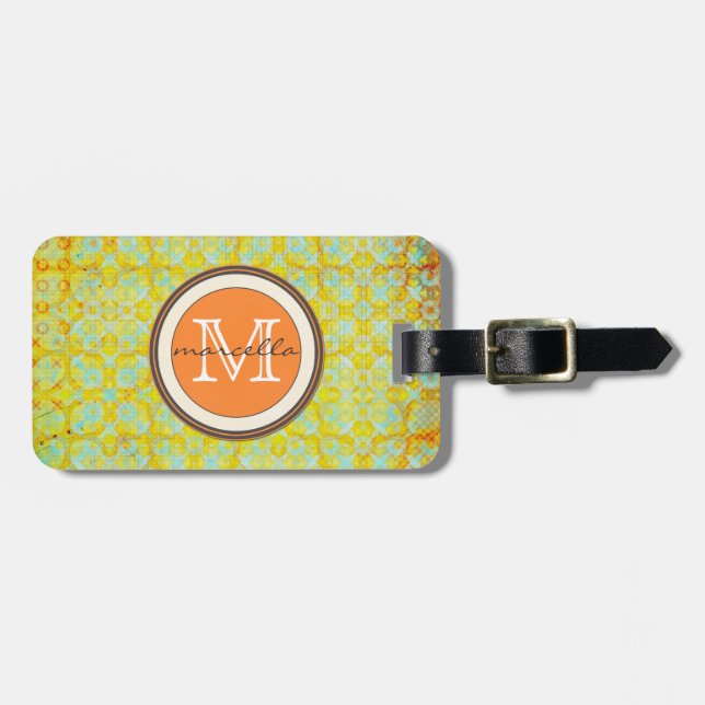Hellgrünes orange Muster-Monogramm Gepäckanhänger (Vorderseite horizontal)