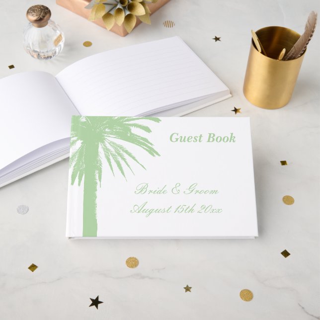 Hellgrünes Strand Hochzeit Palmenbaum Logo Gästebuch (Vorderseite Offen)