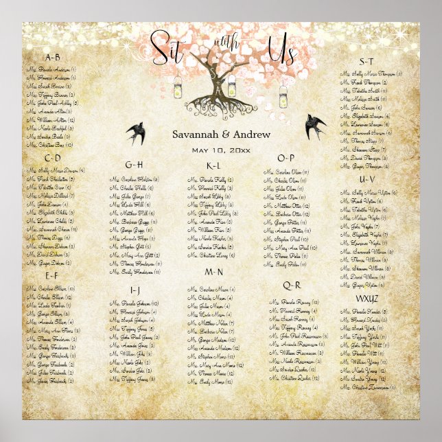 Hellkorallen-Herz-Blatt-Baum-Hochzeits-Sitzplan Poster (Vorne)