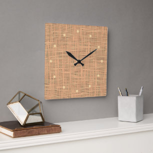Hellkorallenorange Farbgebung Faux-Jute-Stoffmuste Quadratische Wanduhr