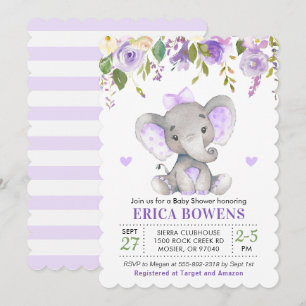 Helllila Aquarell Mädchen Elefant Baby Shower Einladung