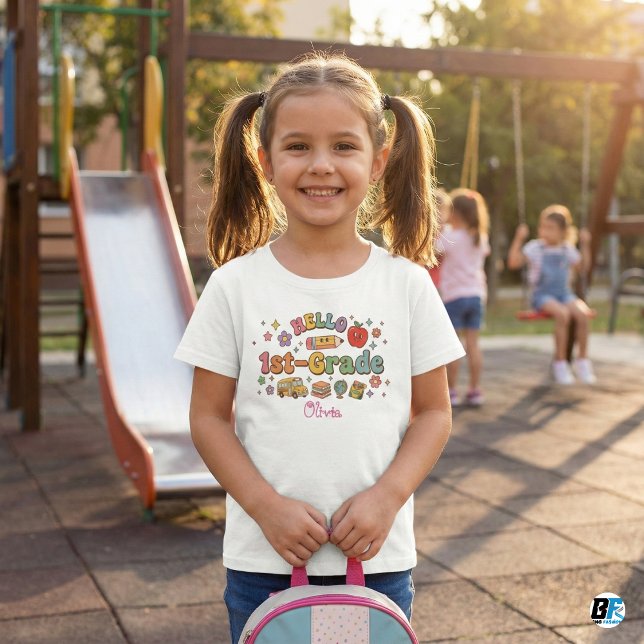 Hello 1st Grade Retro Groovy Custom Name Kids Baby T-shirt (Von Creator hochgeladen)