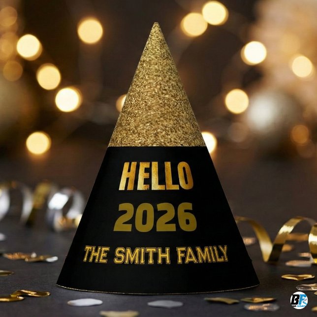 Hello 2026 Black & Gold Glitter Custom Family Name Partyhütchen (Hello 2026)