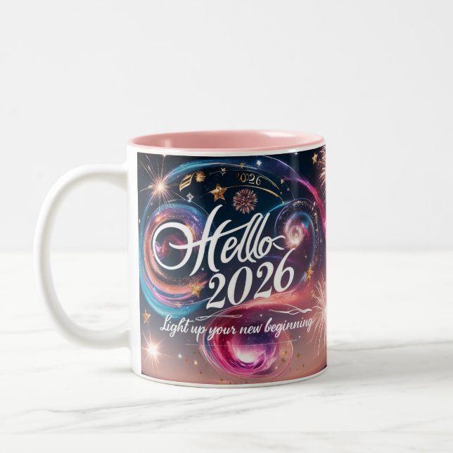 Hello 2026 Cosmic Swirl Fireworks Two-Tone Mug Zweifarbige Tasse (Links)