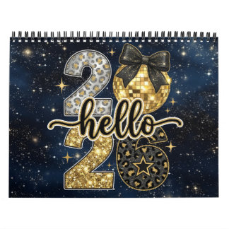 Hello 2026 Gold Glitter Chic Galaxy Calendar Kalender