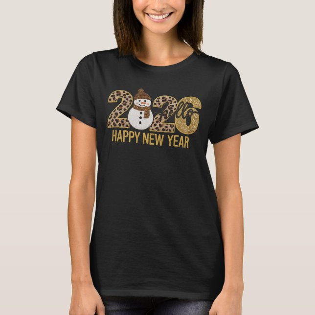 Hello 2026 Leopard Glitter Snowman New Year Tee (Vorderseite)