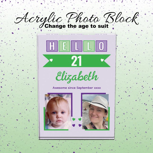 Hello 21 (any age) name est date green purple fotoblock (Von Creator hochgeladen)