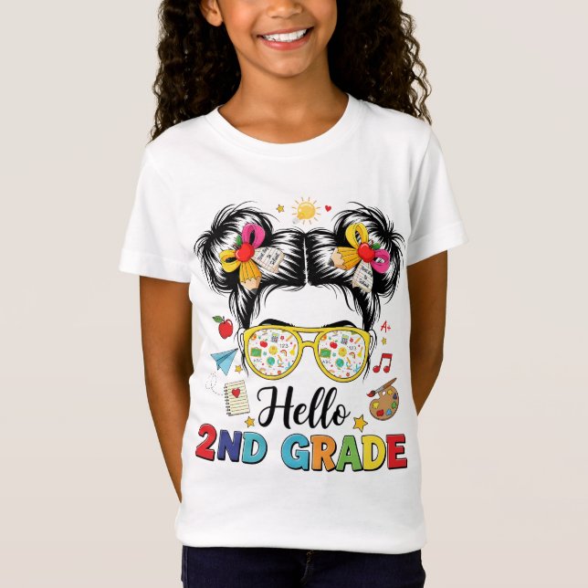 Hello 2nd Grade Messy Bun Coquette Bow Teacher T-Shirt (Vorderseite)