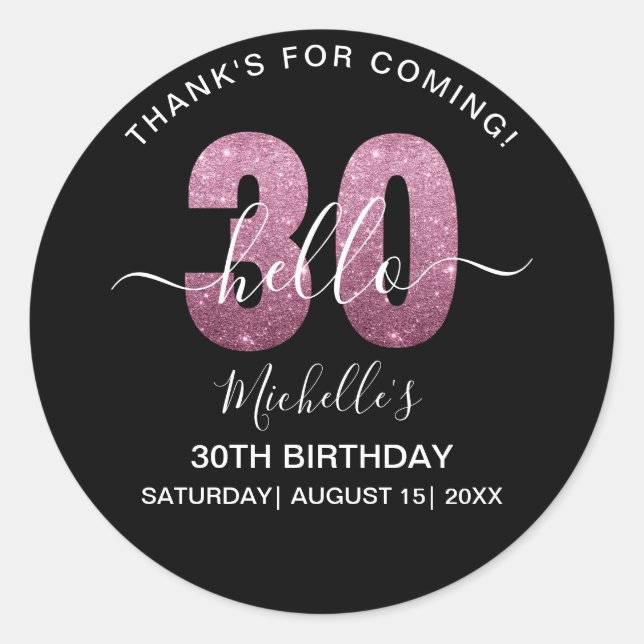 Hello 30! Modern 30th birthday Pink glitter Runder Aufkleber (Vorderseite)