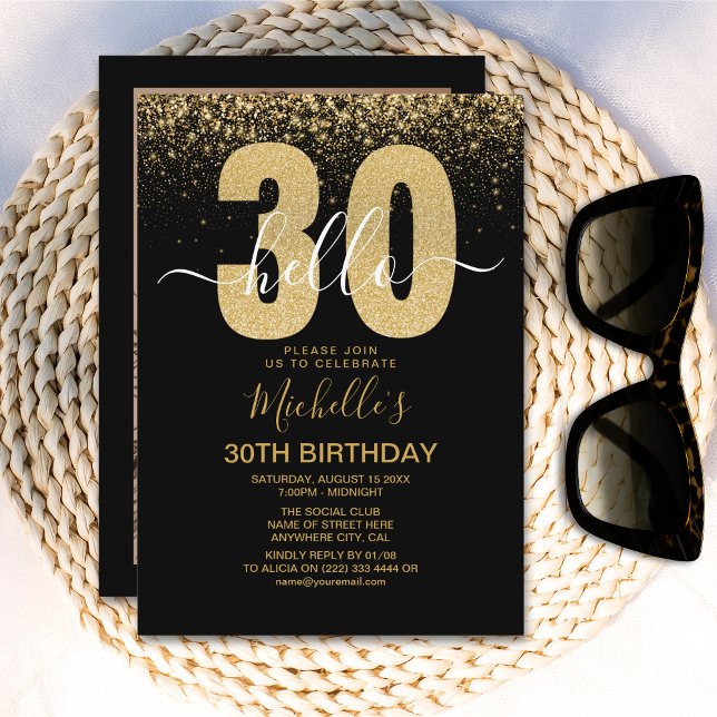 Hello 30! modern 30th birthday with gold glitter einladung (Von Creator hochgeladen)