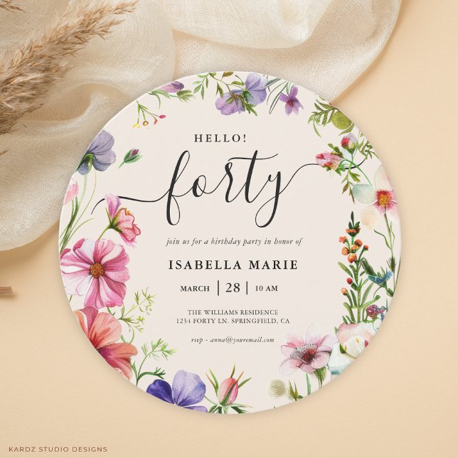 Hello 40 Hübsch Floral 40. Geburtstag Einladung (Invitation shown in a round shape, choose size and corner style.)