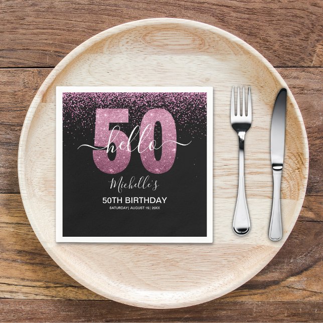 Hello 50! - Modern 50th Birthday with Pink glitter Serviette (Von Creator hochgeladen)