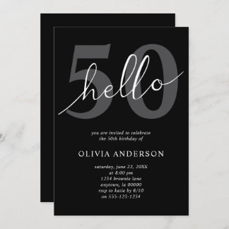 Hello 50 | Modern Chic Black 50th Birthday Party Einladung