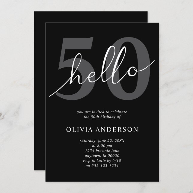 Hello 50 | Modern Chic Black 50th Birthday Party Einladung (Vorne/Hinten)