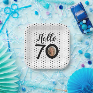 Hello 70 Black & White Dots Foto Geburtstag Pappteller
