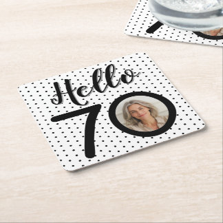 Hello 70 Black & White Dots Foto Geburtstag Rechteckiger Pappuntersetzer