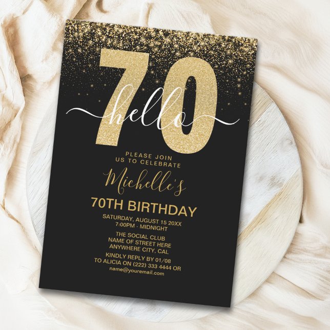 Hello 70! modern 70th birthday with gold glitter  einladung (Von Creator hochgeladen)