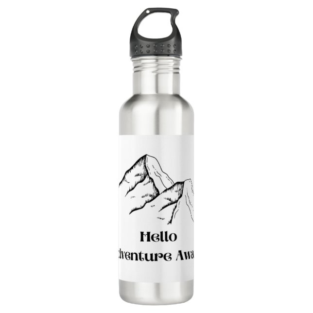 Hello Adventure Awaits with mountains on a  Edelstahlflasche (Vorderseite)