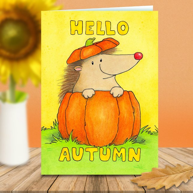 Hello Autumn Hedgehog in Pumpkin Greeting Karte (Von Creator hochgeladen)
