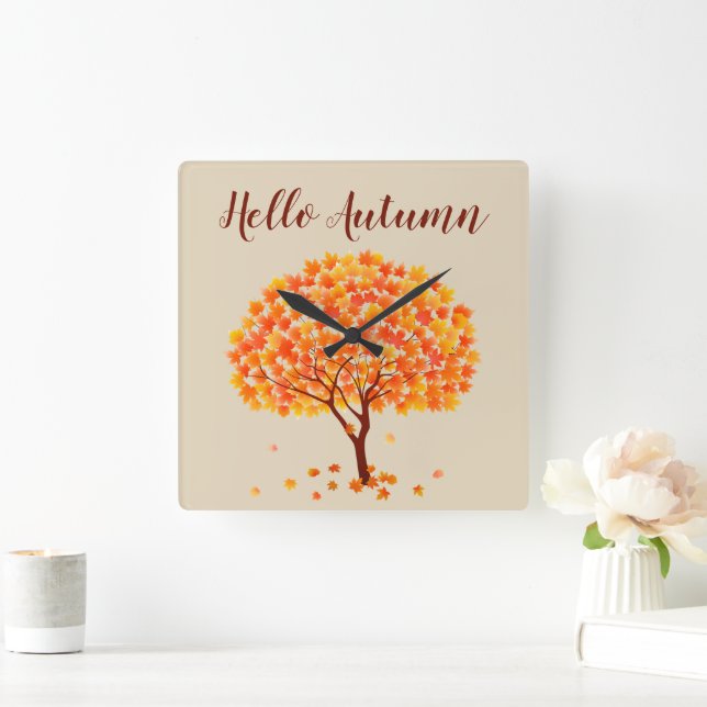 Hello Autumn Maple Tree Quadratische Wanduhr (Zuhause)