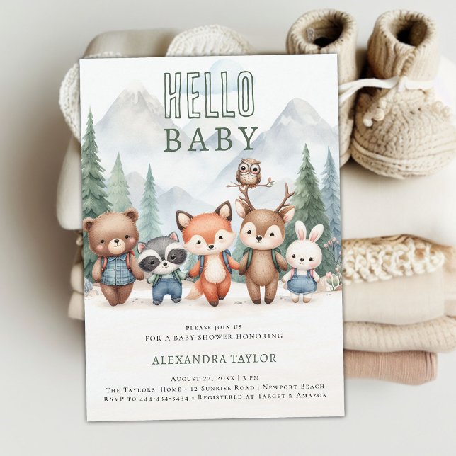 Hello Baby Adventure Woodland Animals Baby Dusche Einladung (woodland adventure gender neutral baby shower invitation mountain forest cute animals hiking treck)