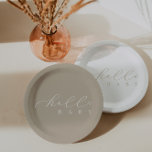 Hello Baby Beige Script Minimalistisch Baby Dusche Pappteller<br><div class="desc">Wir fügen immer wöchentlich neue Designs hinzu!</div>