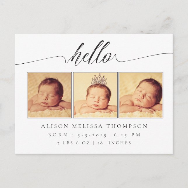 Hello Baby Birth Ankündigung 3 Foto Postcard (Vorderseite)