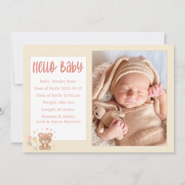Hello Baby Birth Announcement Card Ankündigung (Vorderseite)