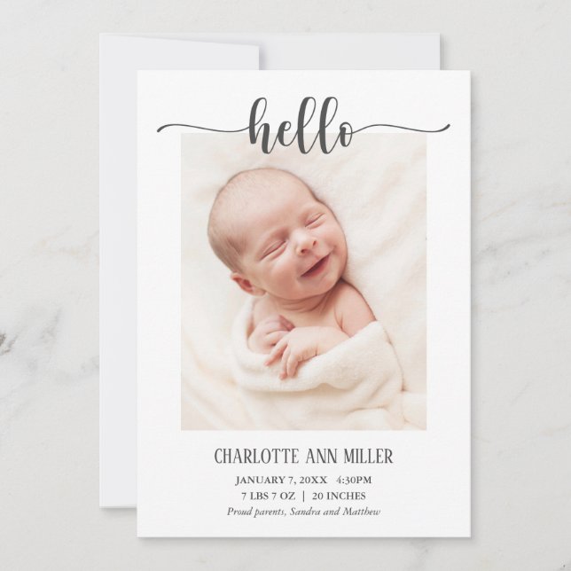 Hello Baby Birth Announcement Foto Card Ankündigung (Vorderseite)