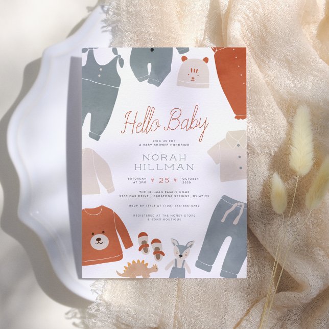 Hello Baby | Blue Boho Clothes Boy Baby Shooter Einladung (Von Creator hochgeladen)