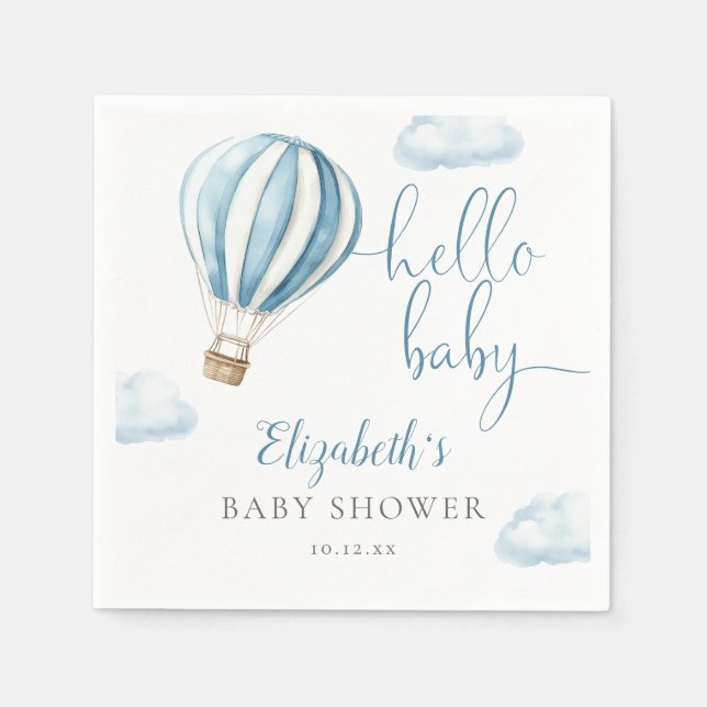 Hello Baby Blue Hot Air Ballon Babydusche Serviette (Vorderseite)