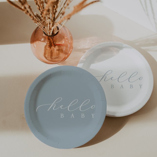 Hello Baby Blue Script Minimalistisch Baby Dusche Pappteller (Von Creator hochgeladen)