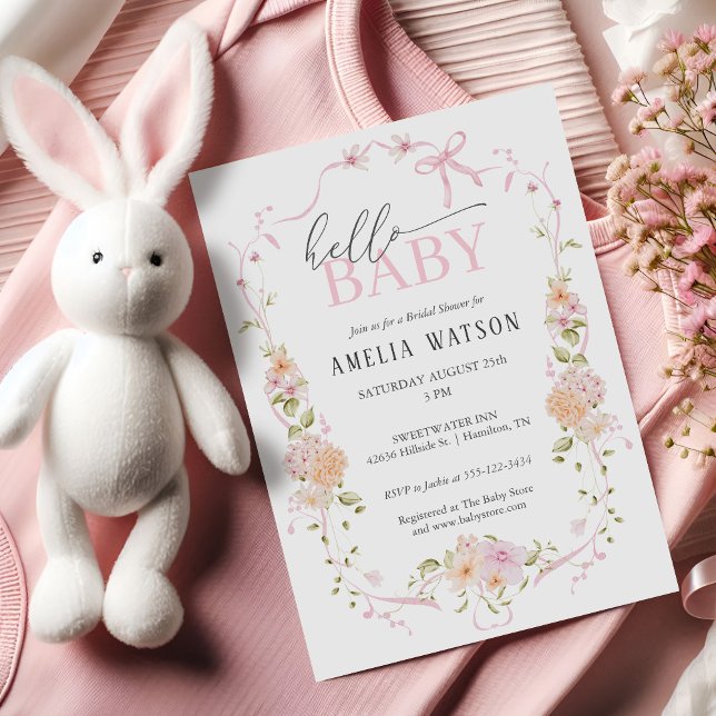 Hello Baby Blush Pink Floral Pink Bow Baby Shower Einladung (Hello Baby Blush Pink Floral Pink Bow Baby Shower Invitation)