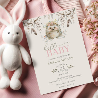 Hello Baby Boho Hedgehog Girl Baby Shower Einladung