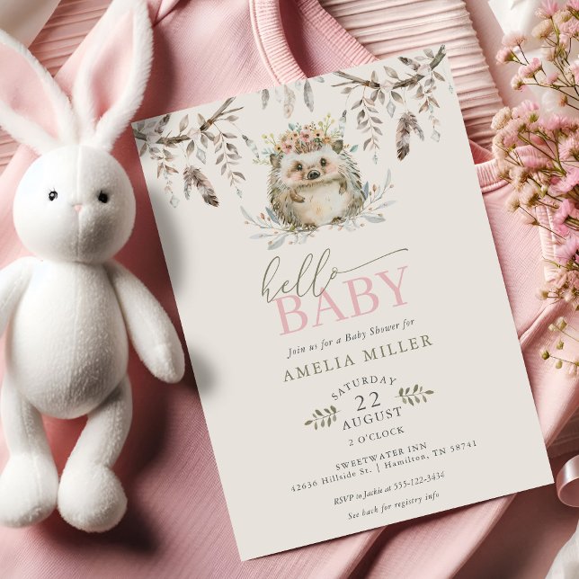 Hello Baby Boho Hedgehog Girl Baby Shower Einladung (Hello Baby Boho Hedgehog Girl Baby Shower Invitation)