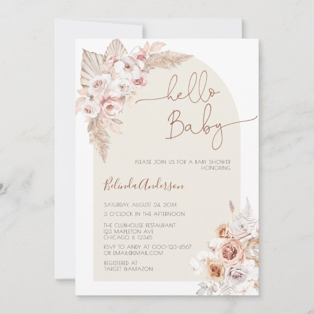 Hello Baby Boho Pampas Grass Baby Shower Einladung (Vorderseite)