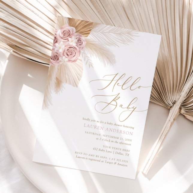 Hello Baby Boho Pampas Grass Girl Baby Shower Einladung (Von Creator hochgeladen)