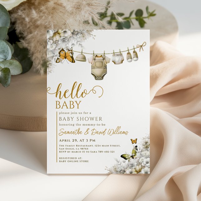 Hello Baby Botanical Clothes Neutral Baby Shower Einladung (Von Creator hochgeladen)