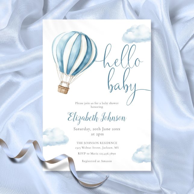Hello Baby Boy Blue Hot Air Ballon Babydusche Einladung (Hello Baby Boy Blue Hot Air Balloon Baby Shower Invitation)