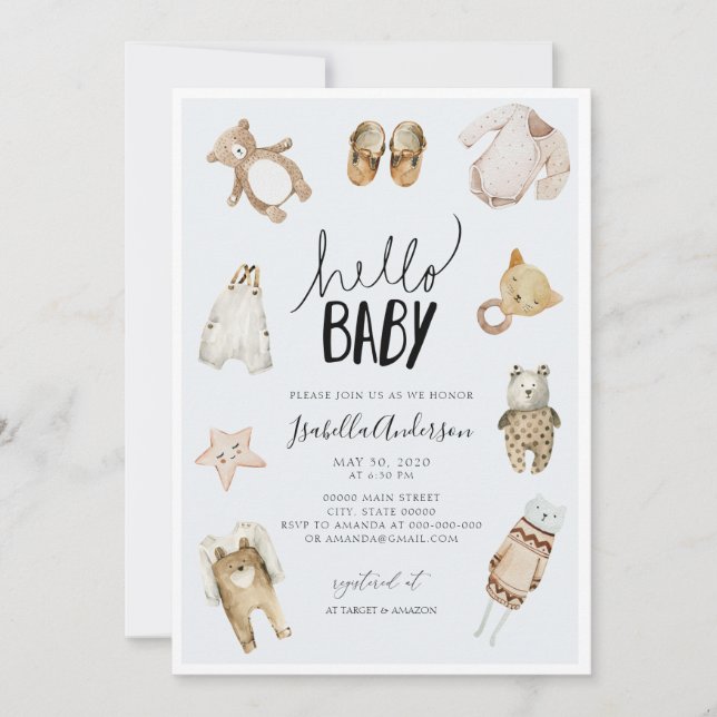 Hello Baby Boy Boho Blue Watercolor Baby Showroom Einladung (Vorderseite)