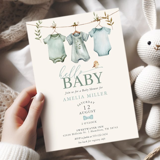 Hello Baby Boy Clothesline Boho Baby Shower Einladung (Hello Baby Boy Clothesline Boho Baby Shower Invitation)