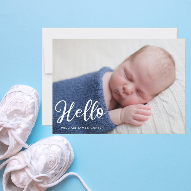 Hello Baby Boy Foto Simple Script Blue Birth Ankündigung (Von Creator hochgeladen)
