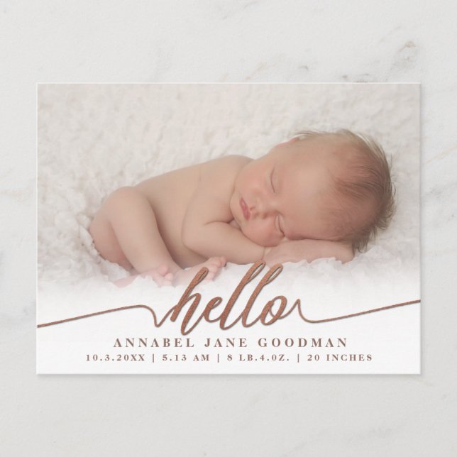 Hello Baby Boy Girl Birth Announcement Foto Postkarte (Vorderseite)