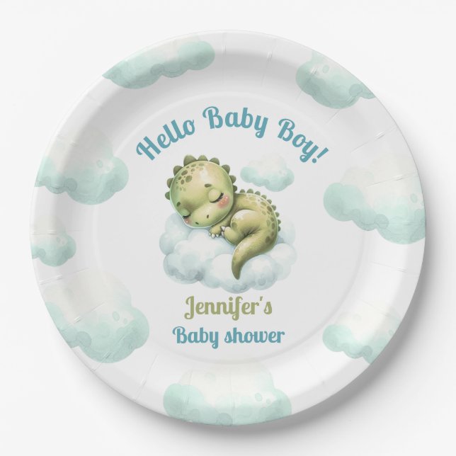 Hello Baby Boy Niedlich Dinosaur Blue Boy Baby Sho Pappteller (Vorderseite)