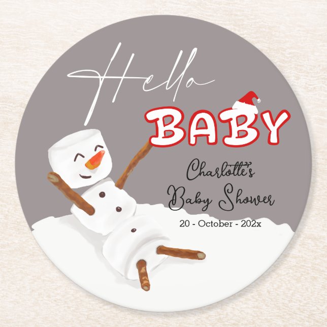 Hello Baby Cute Snowman Baby Shower Paper Coaster Runder Pappuntersetzer (Vorderseite)
